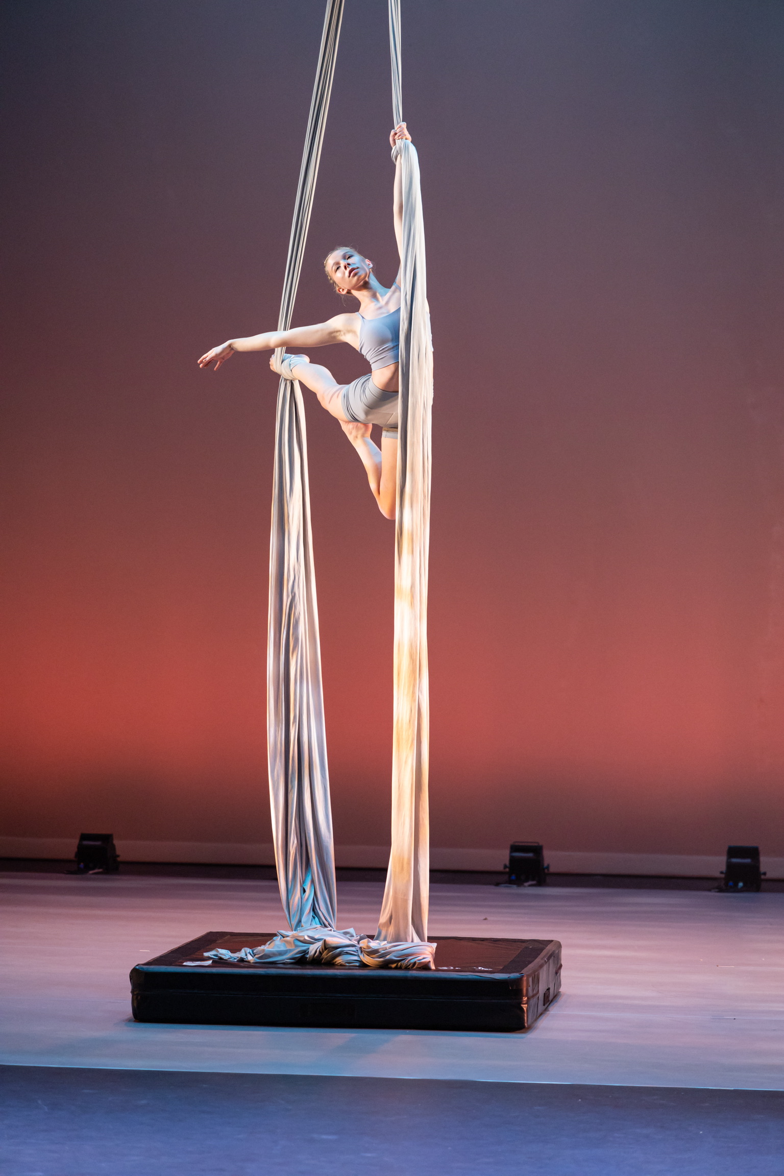 Liz Koifman performing aerial fabric on stage