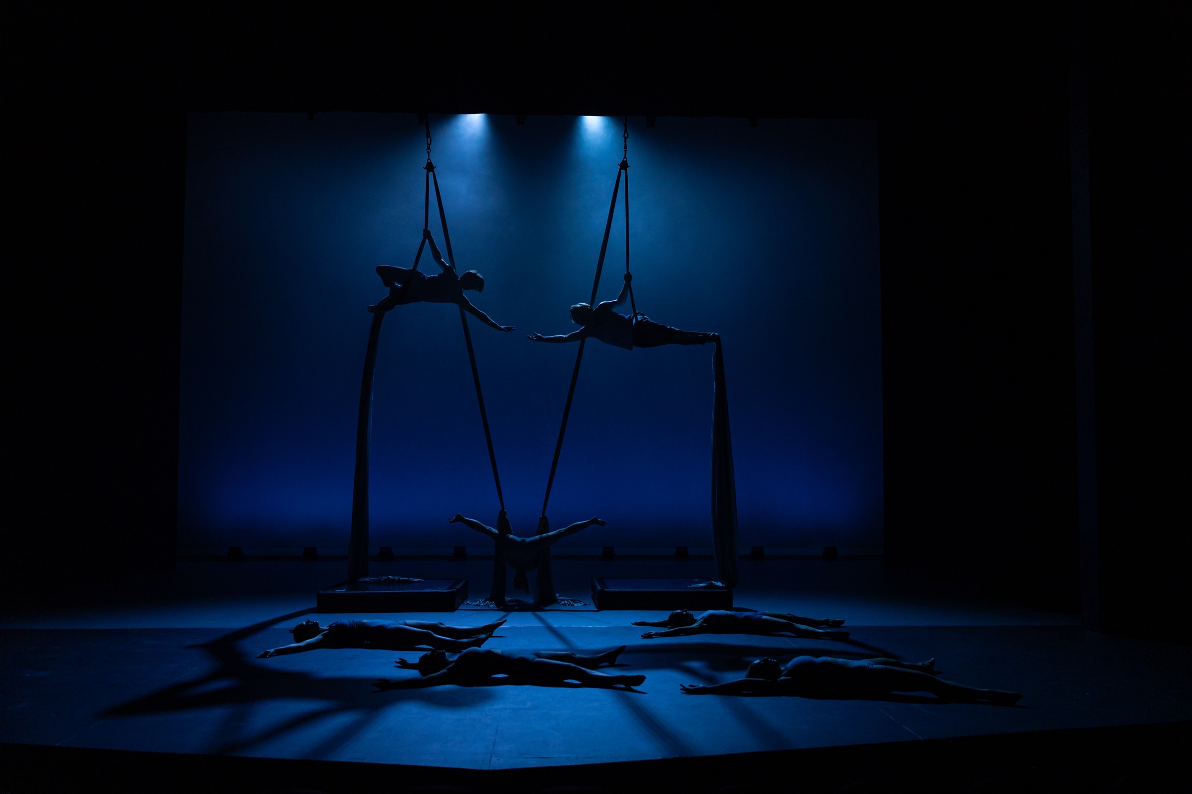 Flying/Falling aerial performers silhouetted under deep blue stage lighting