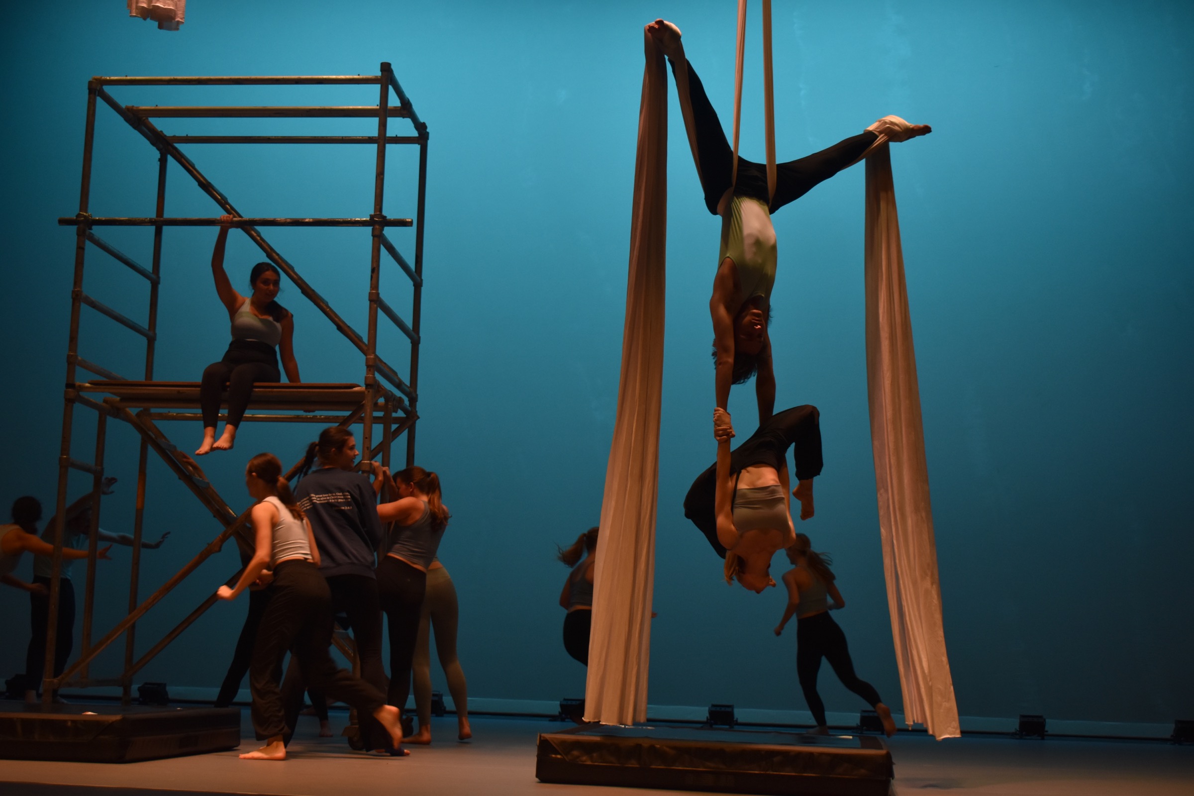 Flying/Falling rehearsal with aerial fabric and stage scaffolding