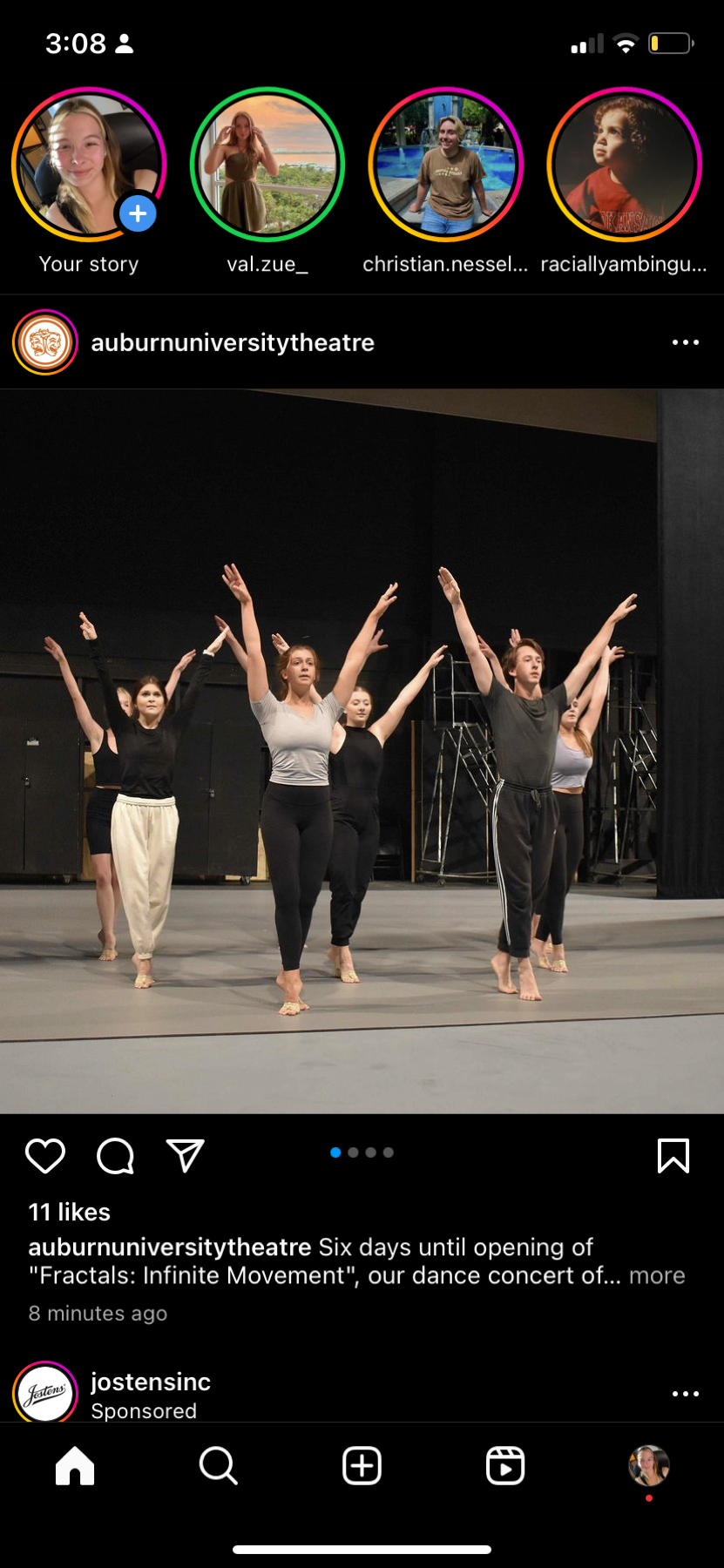 Auburn University Theatre rehearsal photo shared on Instagram